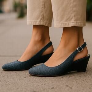 NWOT ~ Leather EASY SPIRIT Safra Black Slingback Wedge Heels Sandals Women's 9.5